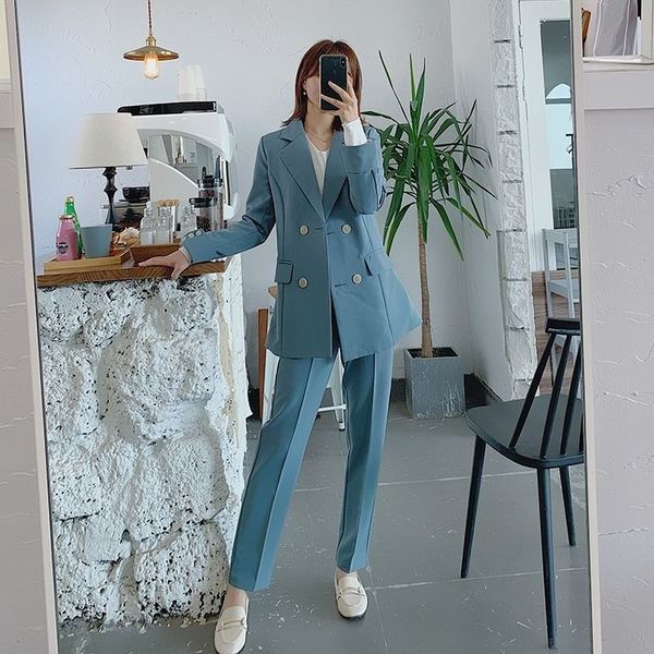 

bella casual women pant suits notched collar double breasted blazer jacket & pencil pant female suit autumn office lady sets, White