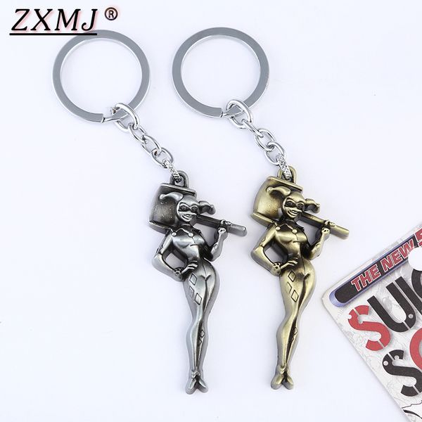 

zxmj suicide squad quinn keychain keyring retro colors gold silvery clown girl figure keychain for women man gift, Silver