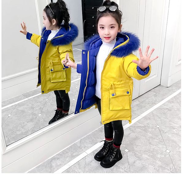 

2020 boys winter hooded fur collar padded coat thickened middle long cotton jacket middle boy down cotton jacket, Blue;gray