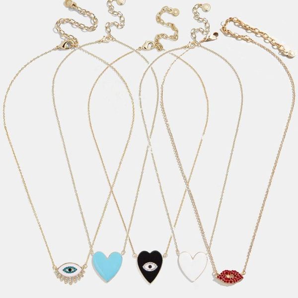 

girlgo 5 pcs/set romantic heart pendant necklaces for women luxury gift crystal eye maxi chians necklaces red clips neck jewelry, Golden;silver