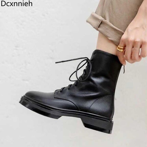 

black new autumn motorcycle boots woman low heels genuine leather lace up ankle boots woman round toe runway zapatos de mujer