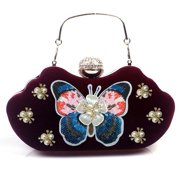 

luxury velvet wine red wedding purse fashion crystal pearl handbags women bags designer 2020 butterfly ladies bridal purses