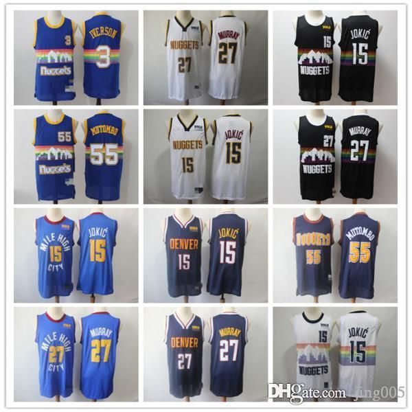 

mens denver nuggets 55 dikembe mutombo 3 allen iverson 15 nikola jokic 27 jamal murray basketball jersey, Black;red
