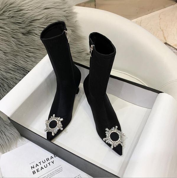 

short boots women's tube high-heeled autumn/winter new drill socks boots pointed toe fine elastic rhinestone banquet ms, Black