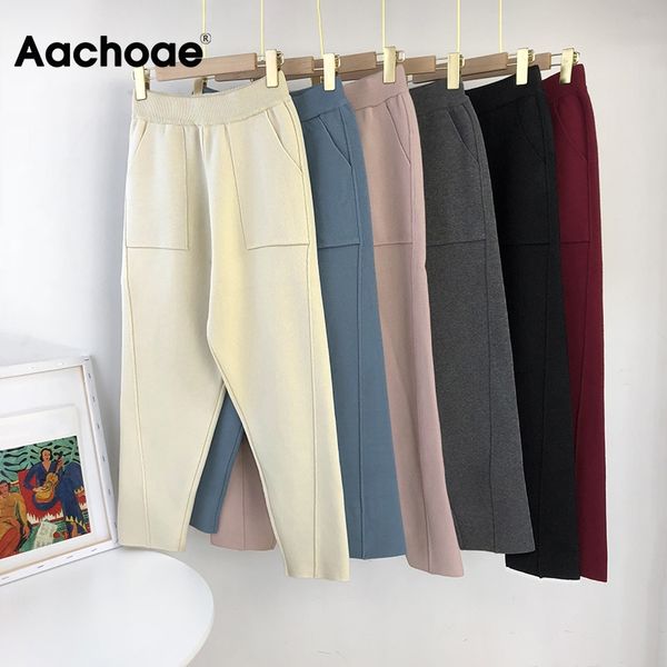 

aachoae women solid elastic waist knitted pants with pockets 2020 fashion casual long trousers female autumn winter casual pants, Black;white
