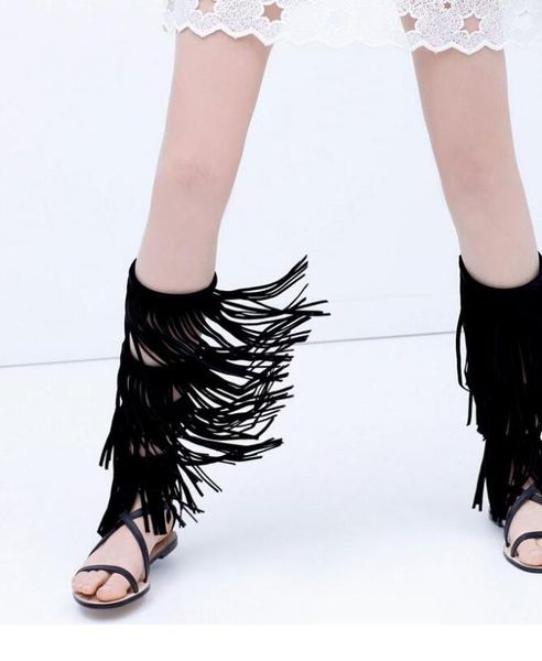 

sestito woman cut-outs flat gladiator sandals boots with fringe ladies peep toe casual knee high boots girls buckle strap shoes, Black