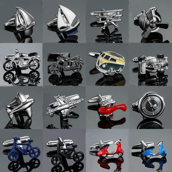 

18 style mix ale cufflinks novelty aircraft sailboat 3d motorcycle bus design for mans suit cuff-links, Silver;golden