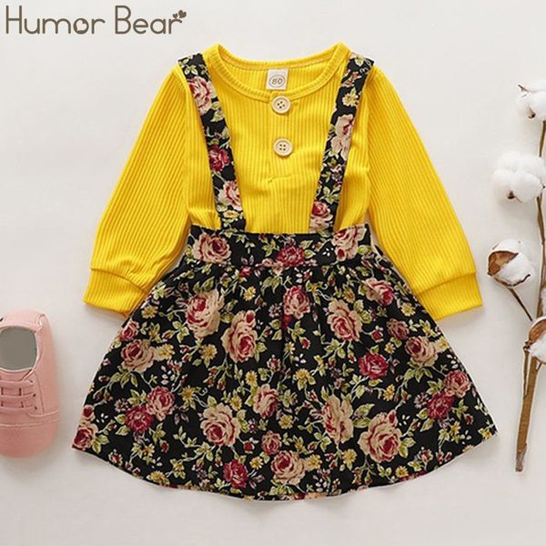 

humor bear 2019 new toddler christmas outfits long sleeve button solid color + floral strap short skirt set kids outfits, White