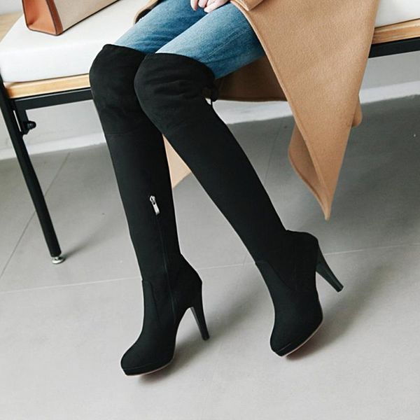 

elegant woman boots brand women's shoes booties ladies thigh high heels high lace up round toe boots-women fashion, Black