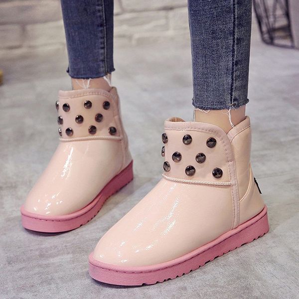 

women snow boots waterproof pu leather ankle boots warm winter woman shoes rivet plush plus size botas mujer, Black