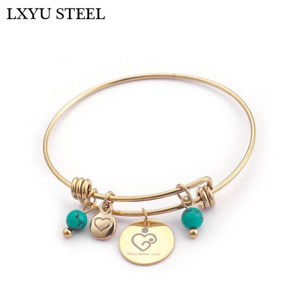 

blue beads bangle & bracelet for women 64mm stainless steel heart & letter happy mother's day charm bangle jewelry, Black