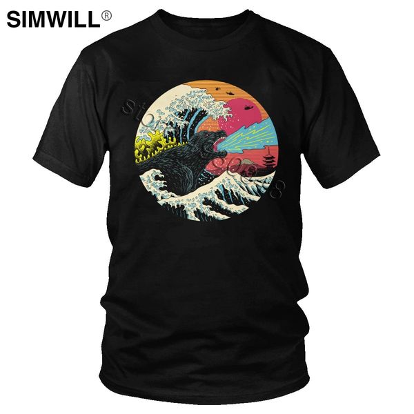 

urban японской моды kaiju тенниска ретро канагава волна t-shirt для мужчин ситца тройников с коротким рукавом vintage монстр футболки