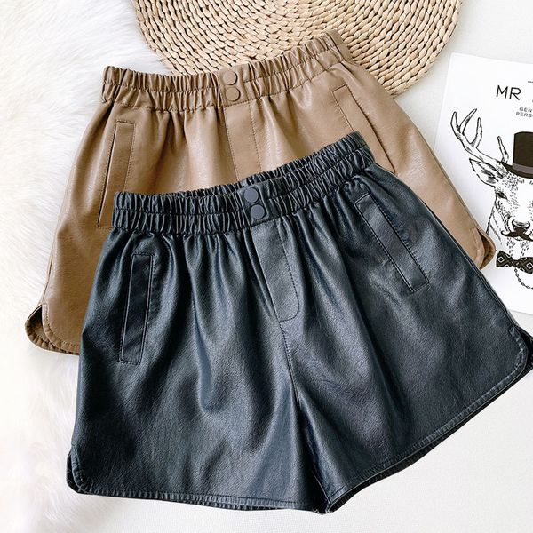 

women's shorts wasteheart black khaki casual women fashion pu leather high waist summer woman pants pocket plus size, White;black