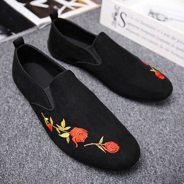 

padegao leisure floral print solid casual loafers shoes for men summer ethnic flat slip on shoes elegant concise driving, Black