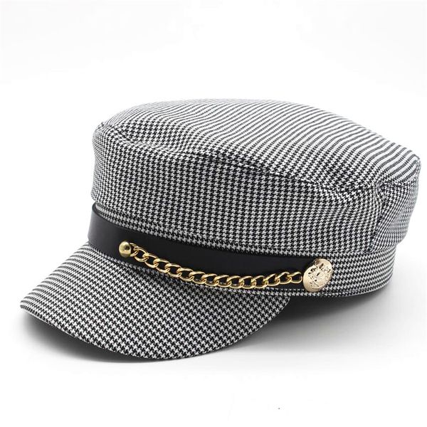 

stingy brim hats women houndstooth rhinestone band baker boy hat girls plaid black white checked beret sboy octagonal with pu chain, Blue;gray