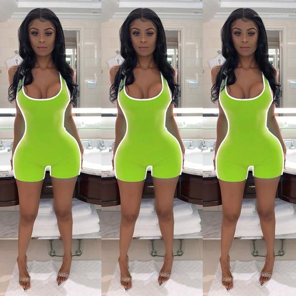 

u neck reflective piping summer womens jumpsuits sleeveless skinny sport rompers backless push up elasticity pure color, Black;white