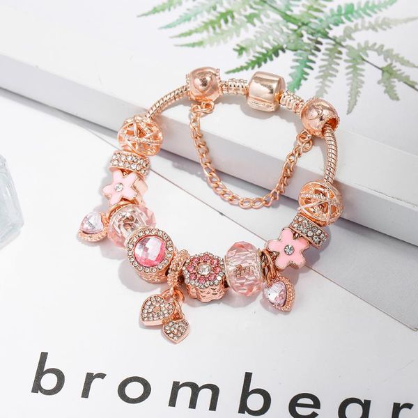 

charm bracelets dinglly rose gold heart lock for women original pink crystal beaded girls bracelet bangle jewelry gift, Golden;silver