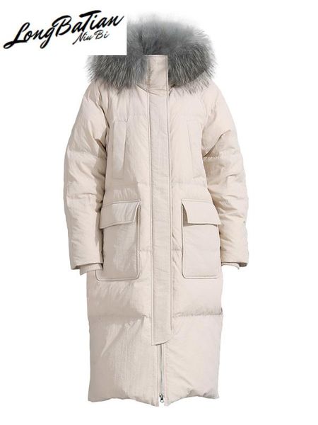 

fashion women's jacket raccoon fur collar female winter coat white duck down woman parkas casacozjt272, Black