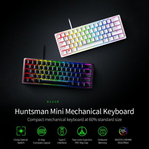 

razer huntsman mini mechanical keyboard clicky optical switch 61 keys wired rgb keyboard for pc lapbalck/silver