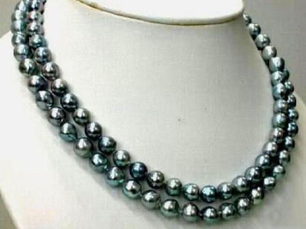 

tahitian real black green pearl necklace 35" 50" 9-10mm yellow clasp, Silver