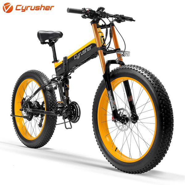 

cyrusher electric folding bicycle fat bike men full suspension off-road outdoor sports 750w 48v 12.8ah 21s xf690 big fork, Silver;blue