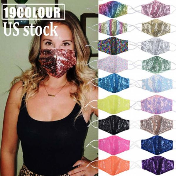 

24h ship fashion bling washable reusable mask pm2.5 face care shield sun color gold elbow sequins shiny face cover anti-dust mount, Black