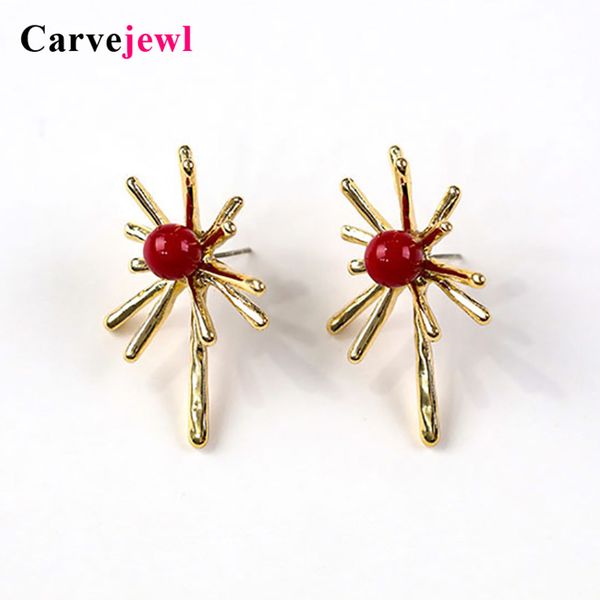 

stud carvejewl korea design unique starburst earring vintage fashion jewelry gift simulated red pearl, Golden;silver