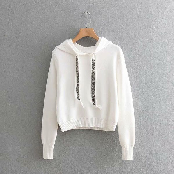 

women faux diamonds beading hooded knitted sweater long sleeve stretchy solid pullovers female casual chic, White;black