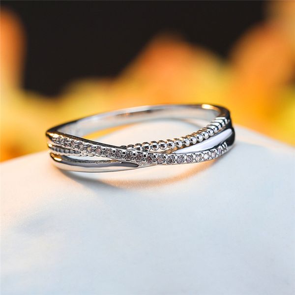 

vintage female white crystal stone ring classic silver color thin engagement rings for women trendy hollow cross wedding ring, Slivery;golden