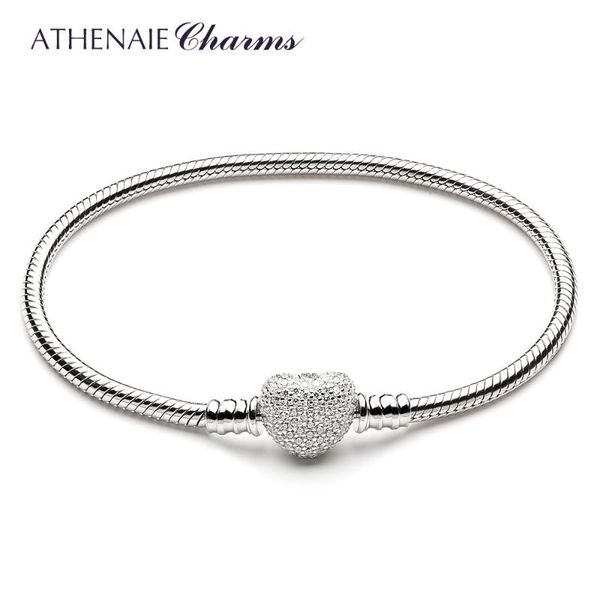 

athenaie 925 sterling silver snake chain with pave clear cz heart clasp bracelet fit all european charm beads, Black