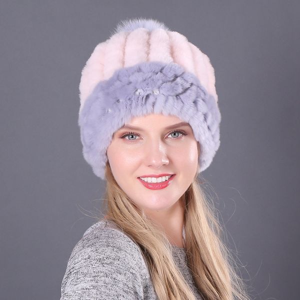 

winter russian natural rex fur hat women elasitc warm soft handmade knitted real fur caps pompoms beanies hats, Blue;gray