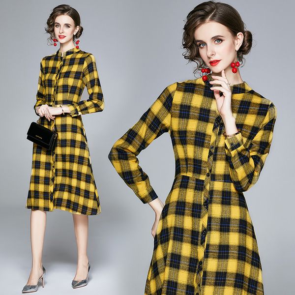 

willstage yellow plaid dress long sleeve elegant women dresses waist sleeve vintage british style 2020 autumn winter vestidos, Black;gray