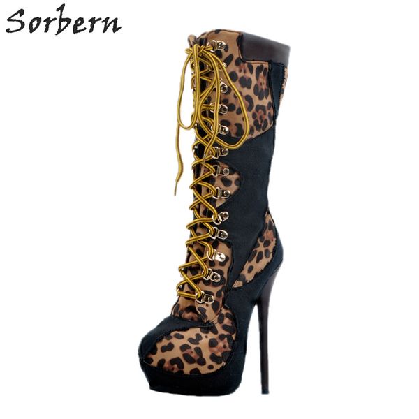 

boots women high thin heels mid-calf boots plus size botas mujer 2020 new arrive lace up leopard shoes, Black