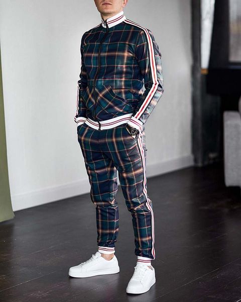 

Mens Tracksuits 2020 New Autumn Men Casual Plaid Print Two-piece Suits Fashion Male Europe and America Sportswear Sets 5 Styles Size M-3XL