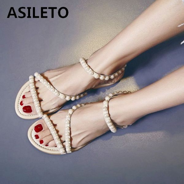 

asileto genuine cow leather sandals roman women bohemia flat beaded sandalia flat shoes woman big size 43 casual sandales black