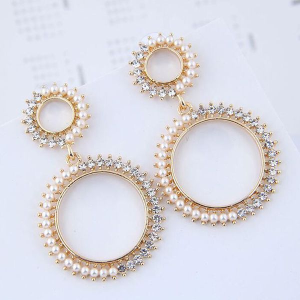 

lubov luxury simulated pearls rhinestone inlaid small big circles drop earrings gold color metal dangle earrings for women, Silver