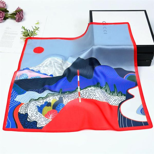 

shawls 53cm spring silk scarves women hand painted mountains and rivers summer square scarf kerchief brand neckerchief for ladies, Blue;gray