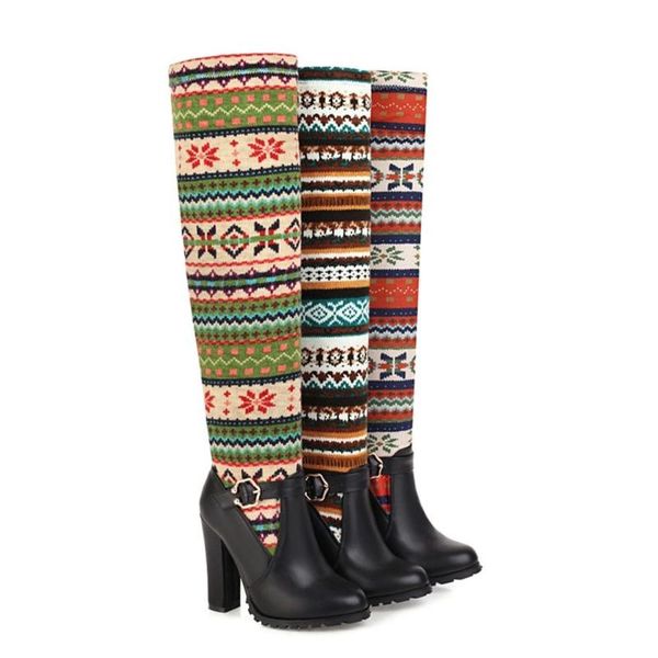 

us4-11 women splice color round toe knitted floral over knee high boots warm winter block heel shoes pull on plus size 3colors, Black