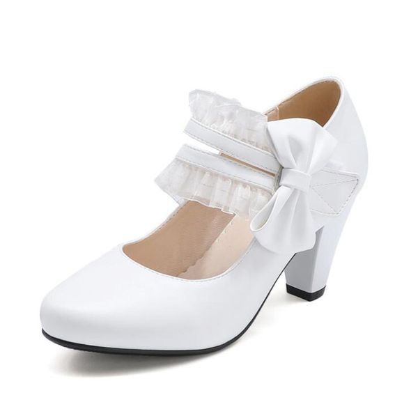 

dress shoes women's fashion round toe block high heels casual pumps female concise stitching non-slip bowknot ruffle retro mary janes, Black