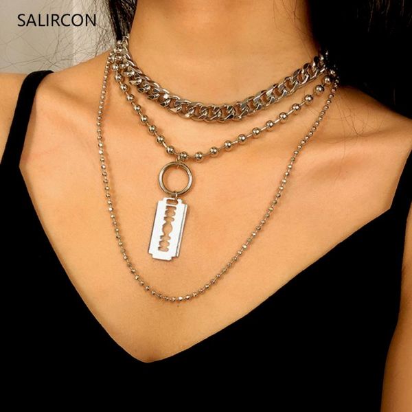 

salircon steampunk razor blade pendant necklaces multi layered chain women men goth silver color chunky choker necklace jewelry