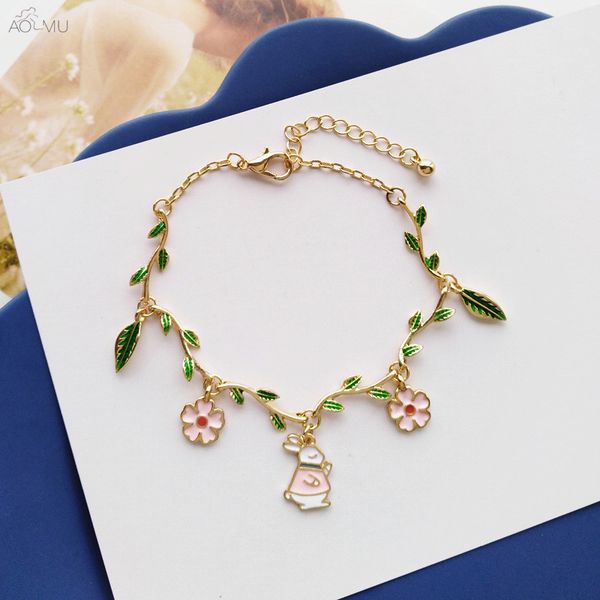 

aomu cartoon green leaf flower bracelet animal enamel metal bracelets for women girls gifts daily jewelry party brincos, Golden;silver