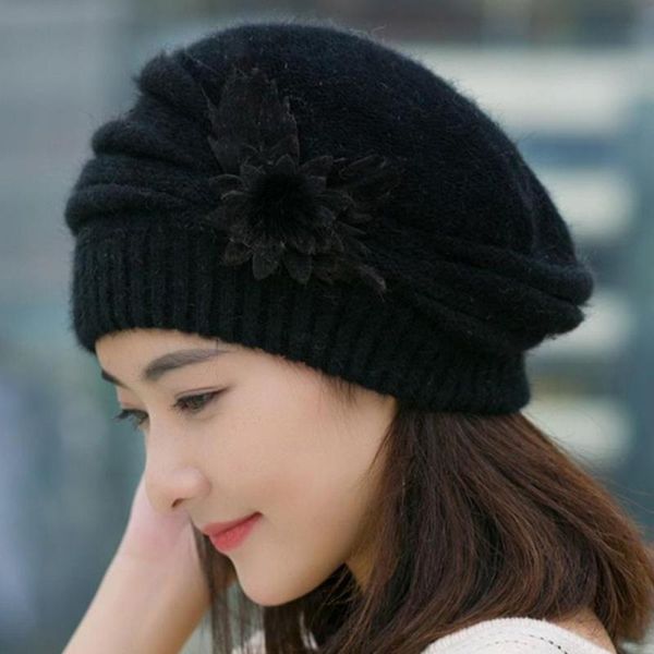 

flower beret hat fur crochet warm women ski cap winter new wool beanie, Blue;gray