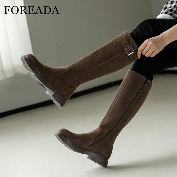 

foreada natural genuine leather med heel knee high boots woman boots zipper block heel shoes buckle round toe female long, Black