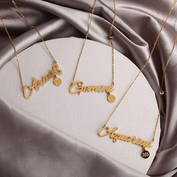 

gold color stainless steel constellation zodiac necklace for women letter sign pendant necklaces thin o chain personalize gift, Silver