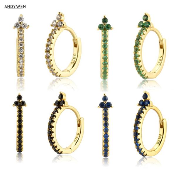 

andywen 925 sterling silver white blue huggies black crystal zircon hoops 2020 piercing 9mm circle round rock punk fine jewelry, Golden;silver