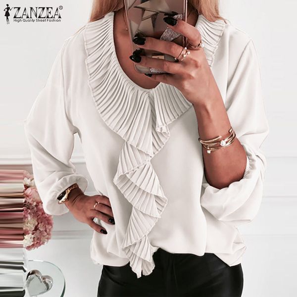 

zanzea plus size blusas women ruffles shirts casual solid blouses 2020 spring long sleeve tunic office lady work chic shirt, White