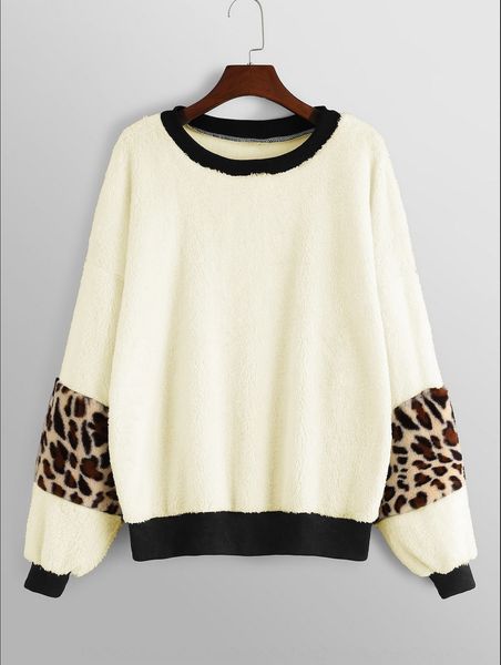

3339# leopard print splicing sleeve furry color matching fleece sweater 3339# leopard print splicing sleeve furry wool wool color matching f, Black