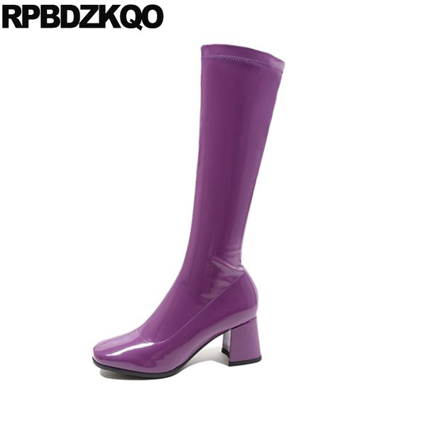 

purple boots 2020 slim shoes women square toe high heel trend designer knee autumn long chunky patent leather fall, Black