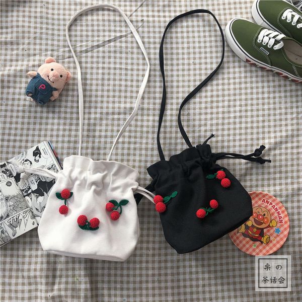 

2020 lovely girls canvas crossbody bag weave cherry ladies small shoulder bucket bags fashion women coin purse bolsas de mujer