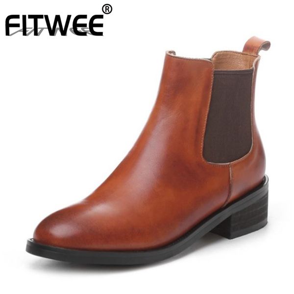 

fitwee women flat heel short boots real leather round toe ankle boots fashion women shoes daily footwear size 34-40, Black